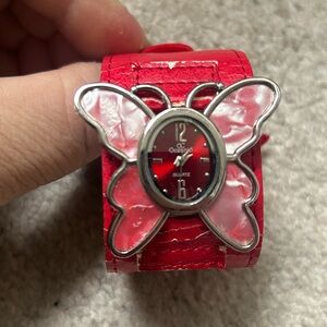 Y2K Era Red Butterfly Watch with Pink Accents & Wide Faux Leather Band
